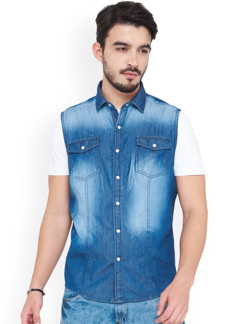 

IVOC Men Blue Slim Fit Solid Denim Washed Casual Shirt