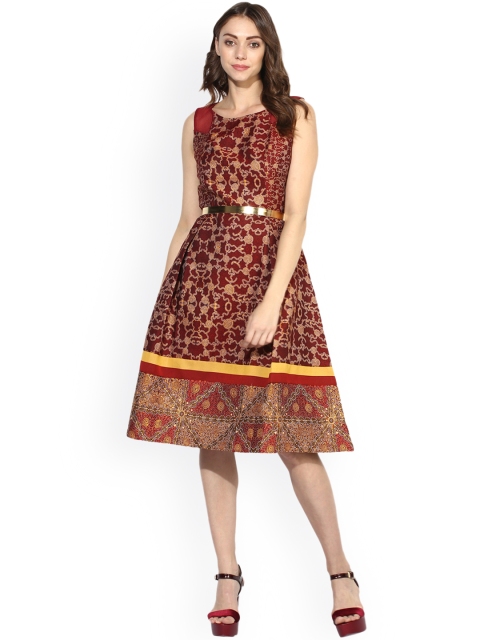 

Soie Women Maroon Self-Design Fit and Flare Dress