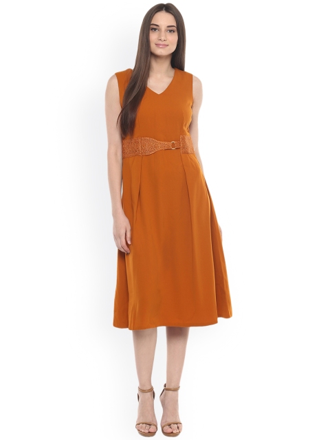 

Soie Women Rust Brown Solid Fit and Flare Dress