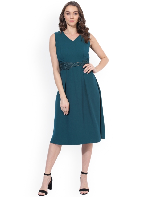 

Soie Women Teal Blue Solid Fit and Flare Dress