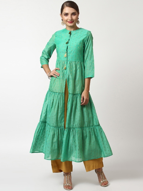 

SASSAFRAS Women Green & Gold-Toned Woven Design Anarkali Kurta