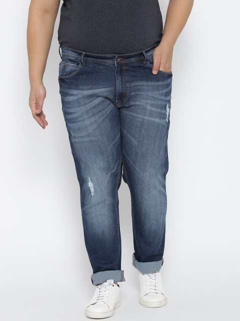 

aLL Plus Size Men Navy Blue Slim Fit Mid-Rise Low Distress Stretchable Jeans
