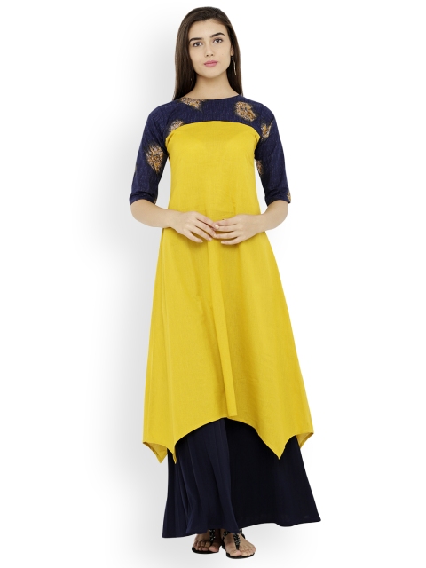 

breya Women Mustard Yoke Design A-Line Kurta