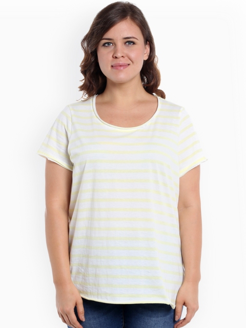 

JUNAROSE Plus Size Women White Yellow Striped Round Neck Plus Size T-shirt