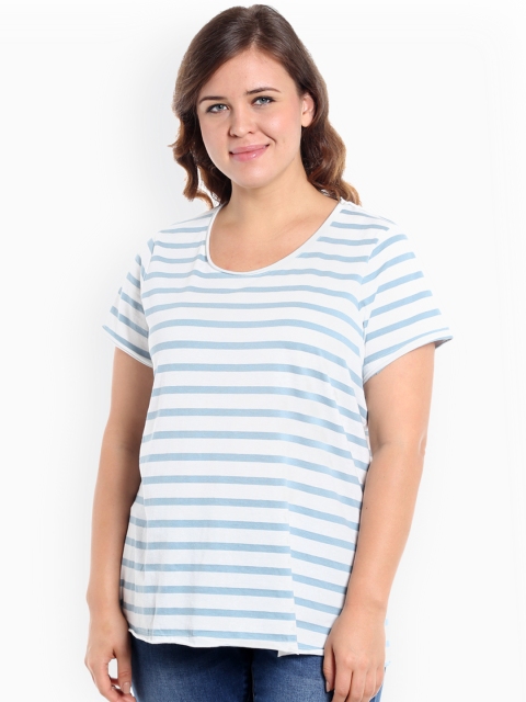 

JUNAROSE Plus Size Women Blue Off-White Striped Round Neck T-shirt