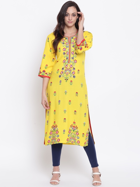 

Biba Women Yellow Printed Embellished Straight Kurta