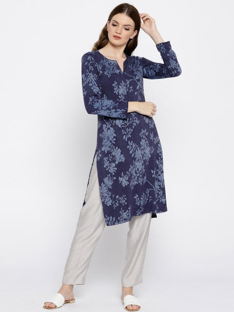 

Biba Women Blue Floral Woven Design Straight Winter Kurta