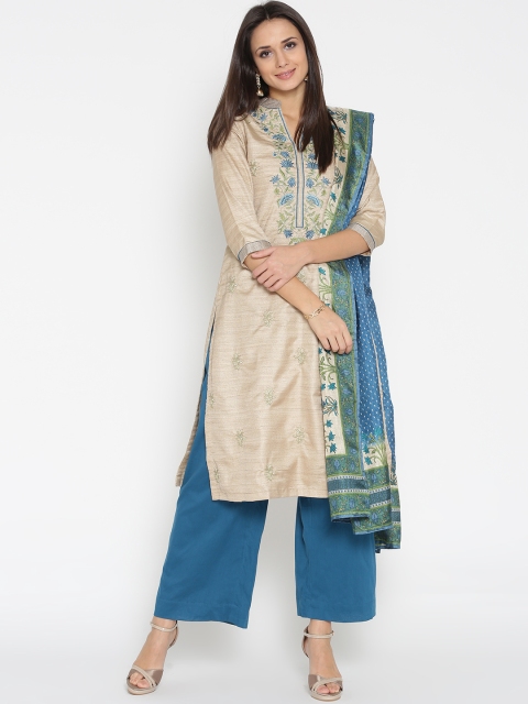 

Biba Women Beige & Blue Embroidered Kurta with Palazzos & Dupatta