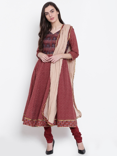 

Biba Women Rust Brown & Beige Printed Kurta with Churidar & Dupatta