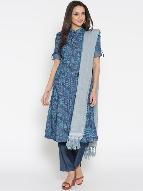 

Biba Women Blue Printed Chambray A-Line Kurta with Trousers & Dupatta