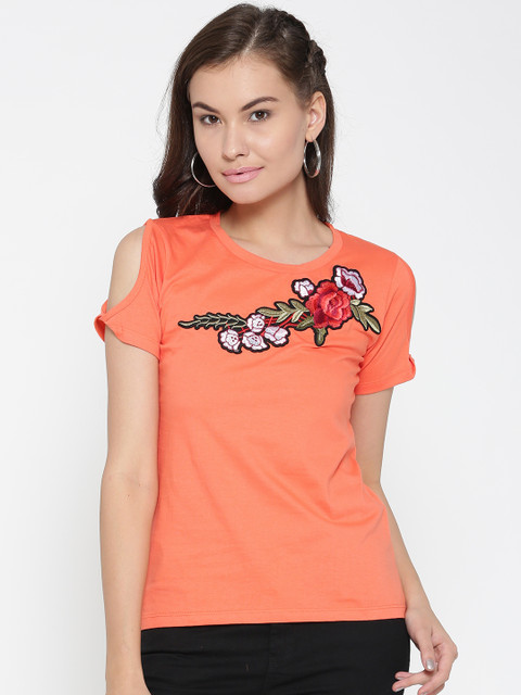 

Style Quotient Women Coral Orange Solid Cold Shoulder Top