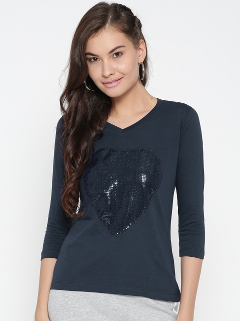 

Style Quotient Women Navy Sequinned Detail V-Neck T-shirt, Navy blue