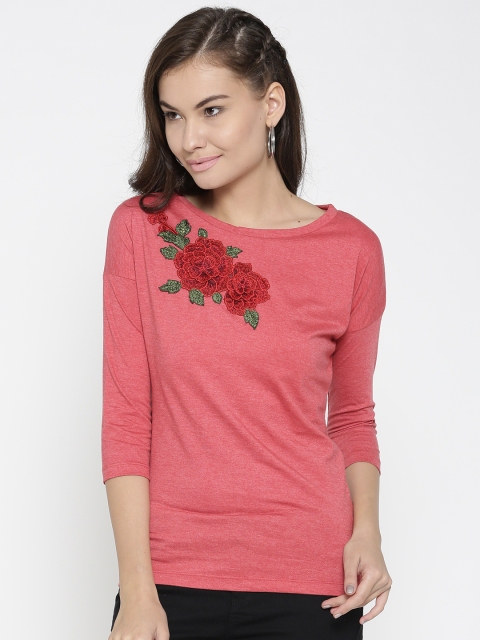 

Style Quotient Women Coral Red Solid Boat Neck T-shirt