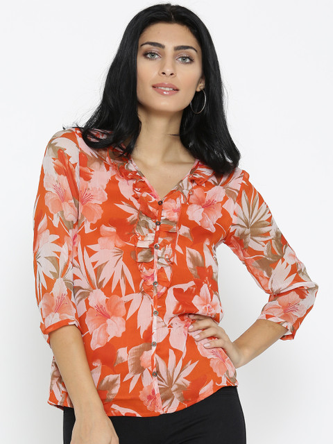 

Noi Women Orange Printed Top with Ruffles