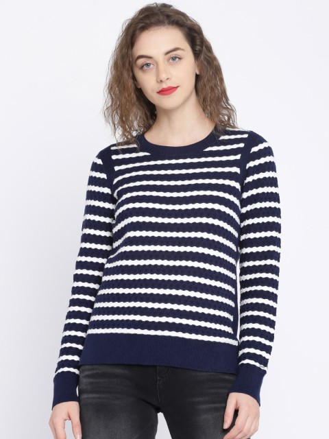 

Tommy Hilfiger Women Navy Blue & White Striped Pullover Sweater