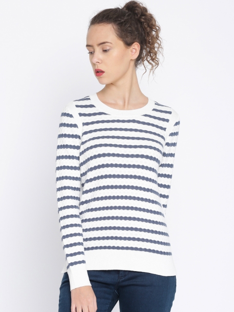 

Tommy Hilfiger Women White & Blue Striped Pullover Sweater