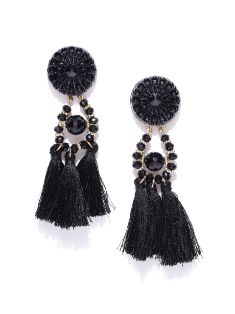 

OOMPH Black & Gold-Toned Beaded Tasselled Drop Earrings