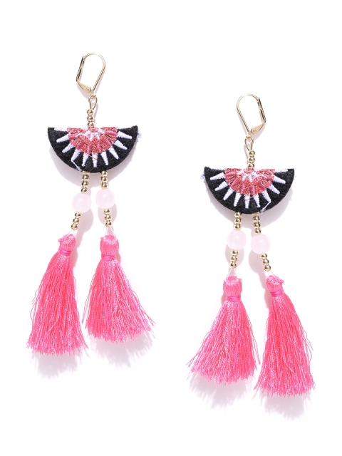 

OOMPH Pink & Black Tasselled Beaded Drop Earrings