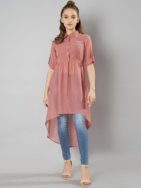 

FabAlley Women Pink Solid Shirt-Style Longline Top