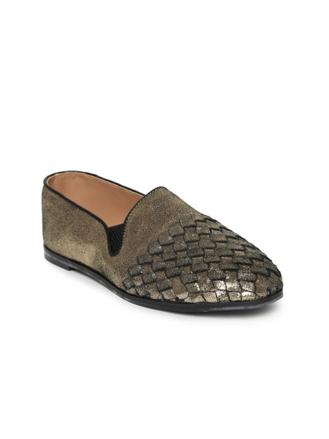 

Carlton London Women Gold-Toned Basketweave Textured Leather Slip-on Sneakers