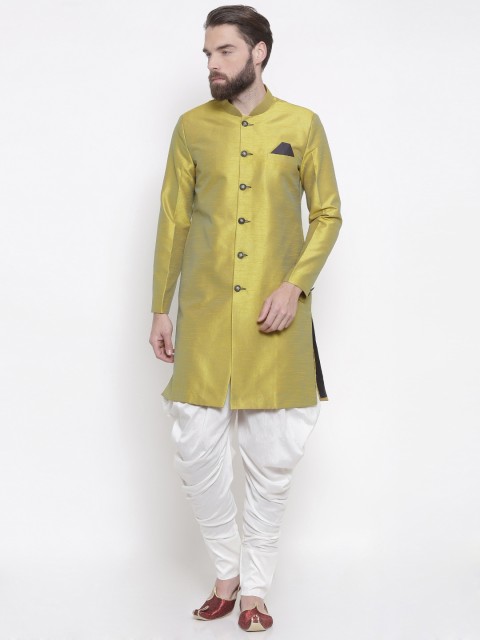 

Shahjada Mustard Yellow & White Silk Royale Nawabi Indo-Western Sherwani