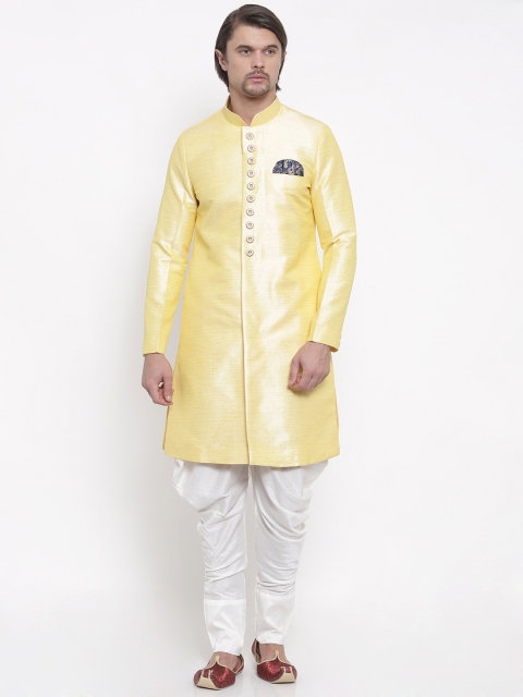 

Shahjada Yellow & Off- White Solid Nawabi Sherwani