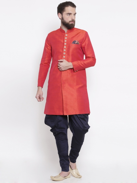 

Shahjada Coral Red & Navy Silk Royale Nawabi Sherwani