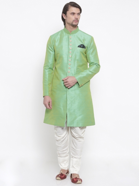 

Shahjada Green & Cream Patterned Nawabi Sherwani