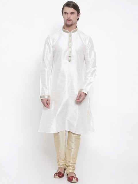 

Shahjada Men Off-White & Khaki Embroidered Kurta with Churidar