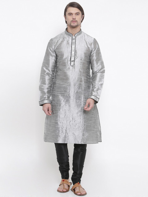 

Shahjada Men Grey & Black Embroidered Kurta with Churidar