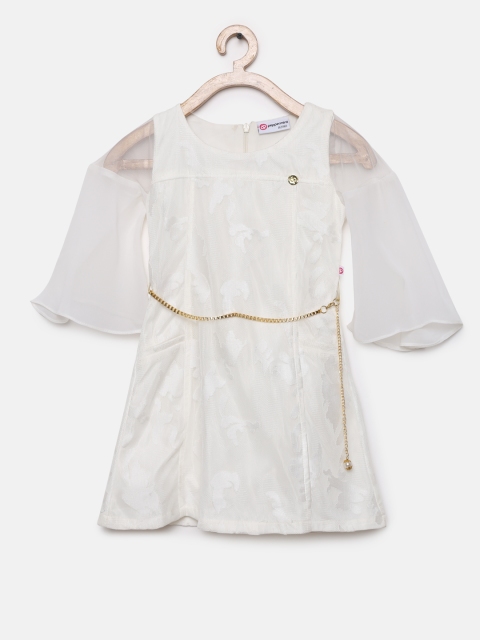 

Peppermint Girls White Self Design Fit and Flare Dress