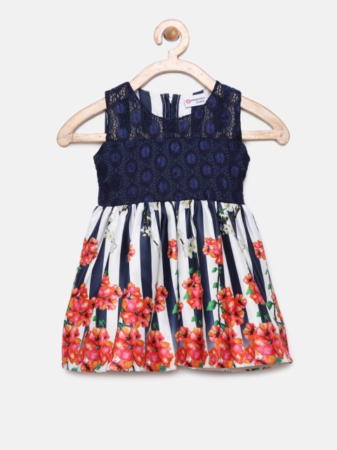

Peppermint Girls Navy Blue & White Lace & Printed Fit and Flare Dress