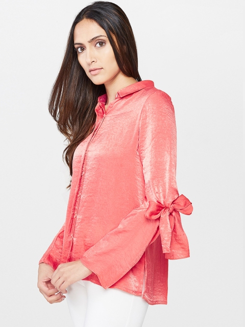 

AND Women Coral Red Regular Fit Solid Casual Shirt