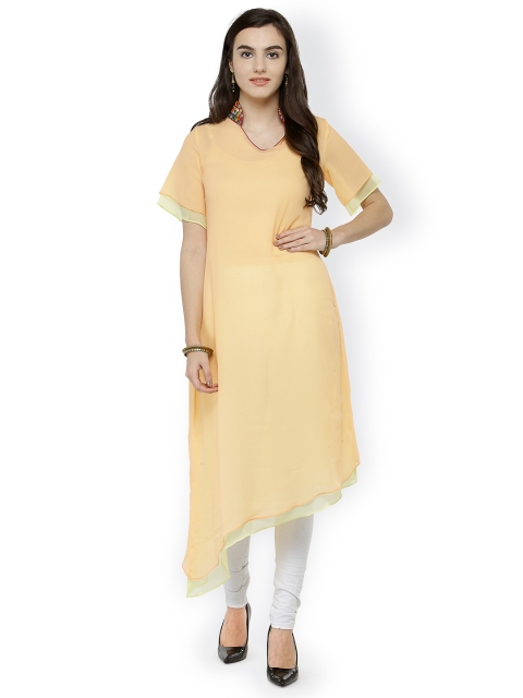 

Laabha Women Peach-Coloured Solid Asymmetric A-Line Sheer Kurta