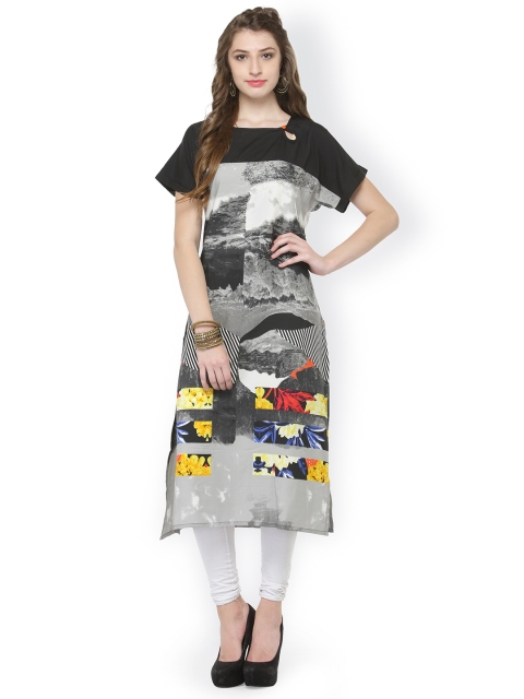 

Laabha Women Grey & Black Printed Straight Kurta
