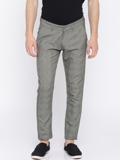 

People Men Grey Slim Fit Checked Casual Trousers