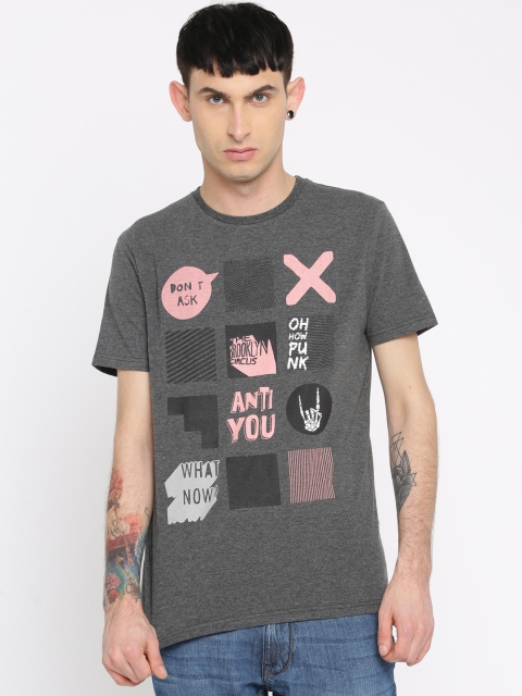 

People Men Charcoal Grey Printed Round Neck T-shirt
