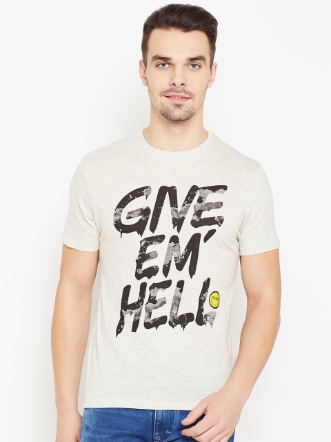 

People Men Grey Melange Printed Round Neck T-shirt
