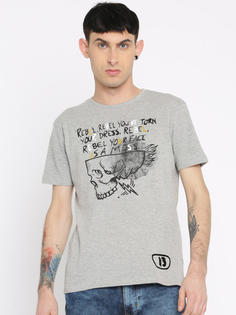 

People Men Grey Printed Round Neck T-shirt