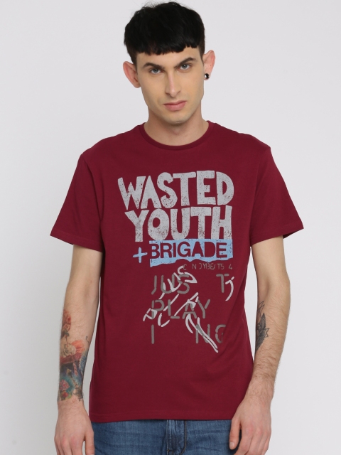 

People Men Maroon Printed Round Neck T-shirt