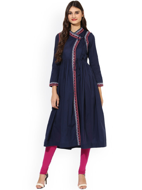 

Juniper Women Navy Blue Embroidered Angrakha Kurta
