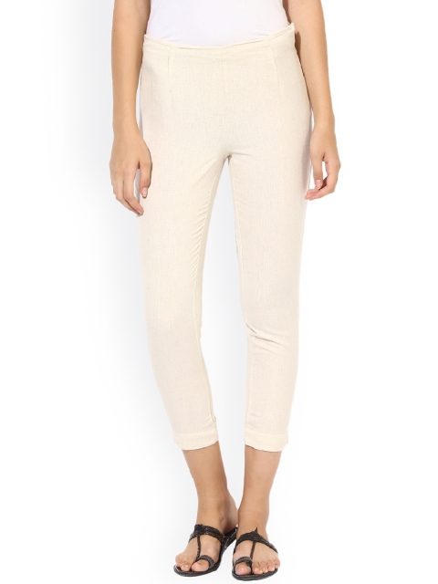 

Juniper Women Cream-Coloured Smart Slim Fit Solid Cropped Trousers