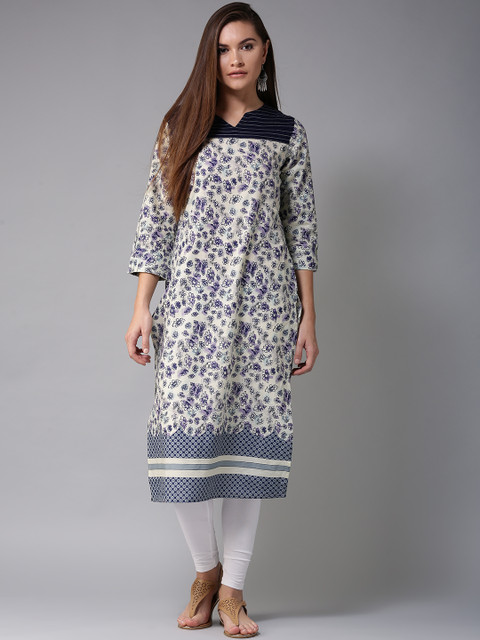 

HERE&NOW Women Off-White & Navy Blue Printed Straight Kurta