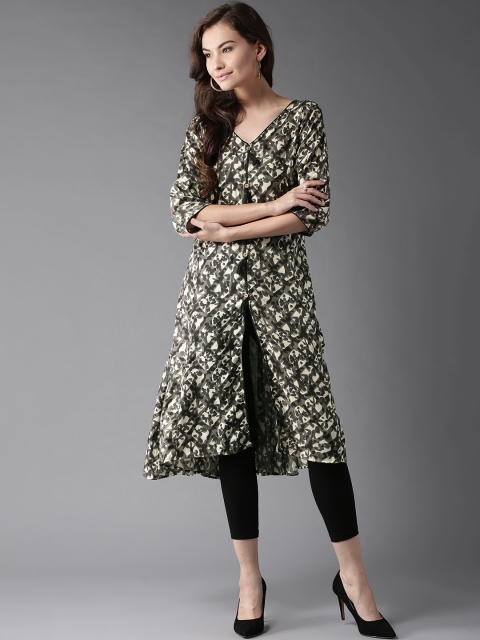 

HERE&NOW Women Grey & Cream-Coloured Printed A-Line Kurta