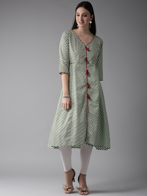 

HERE&NOW Women Green & White Striped A-Line Kurta