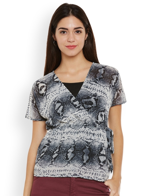 

Oxolloxo Women Grey & Black Printed Wrap Top