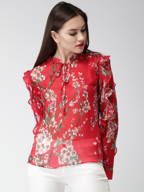 

Mast & Harbour Women Red Printed Semi-Sheer Top