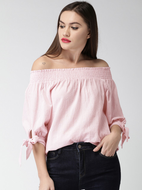 

Mast & Harbour Women Pink & White Striped Bardot Top