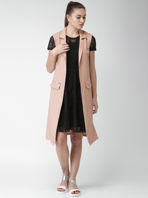 

Mast & Harbour Peach-Coloured Solid Longline Sleeveless Coat