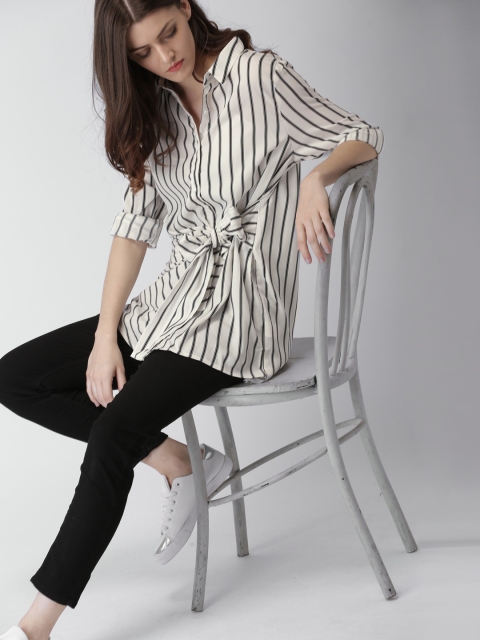 

Mast & Harbour Women White & Black Regular Fit Striped Casual Shirt